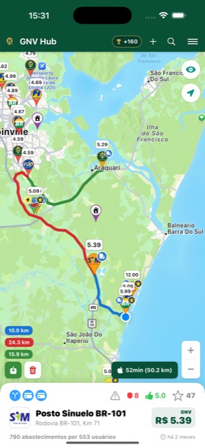 Mapa do GNV Hub com postos e rota